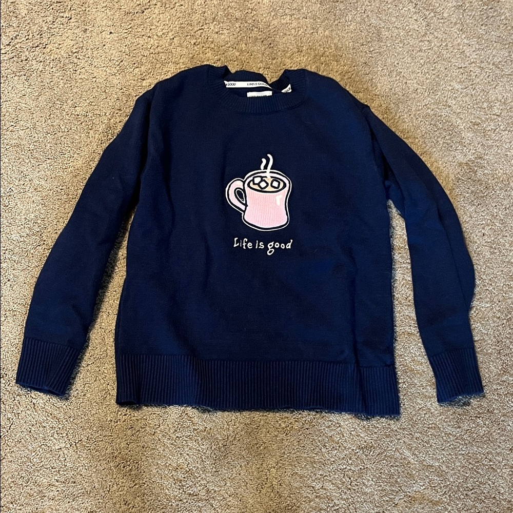 Life Is Good Women's Navy Sweater with Pink Coffee Design